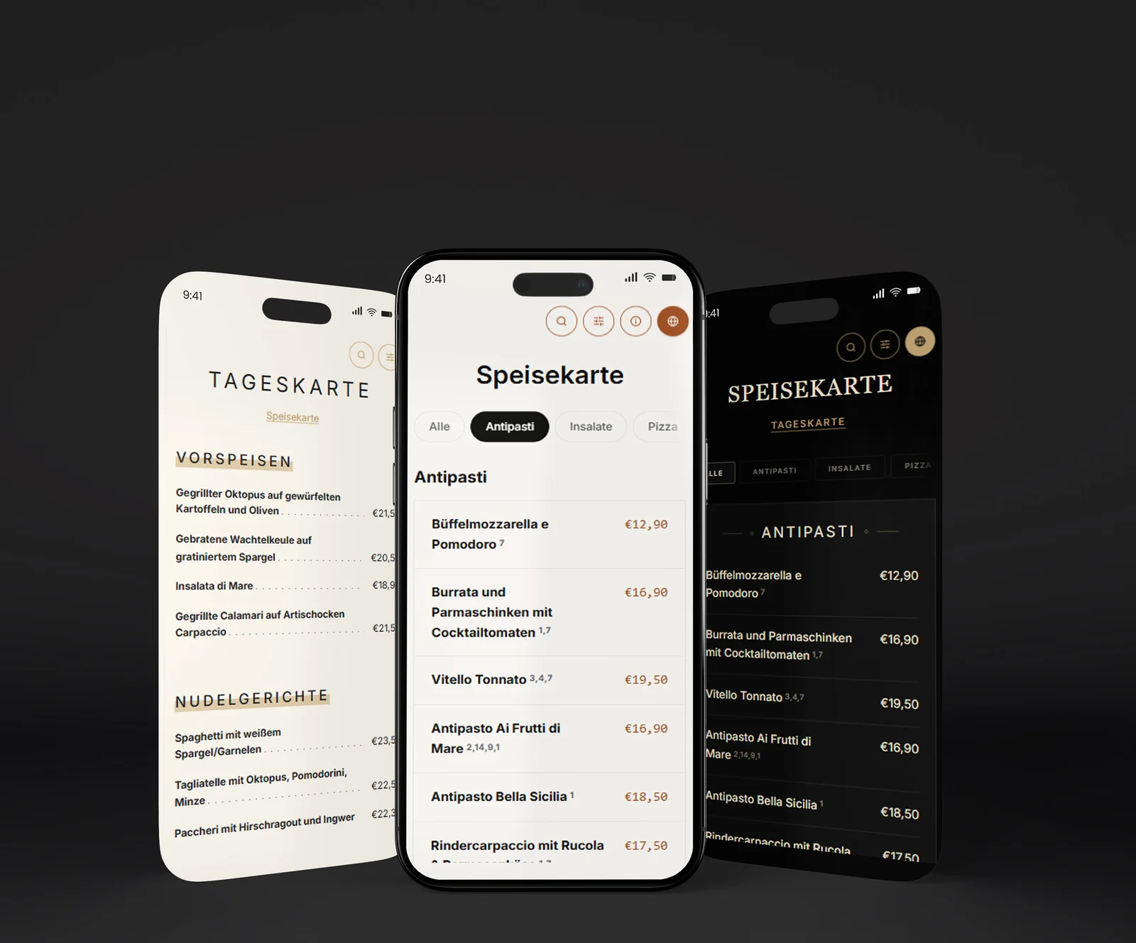 The same menu in three different styles
